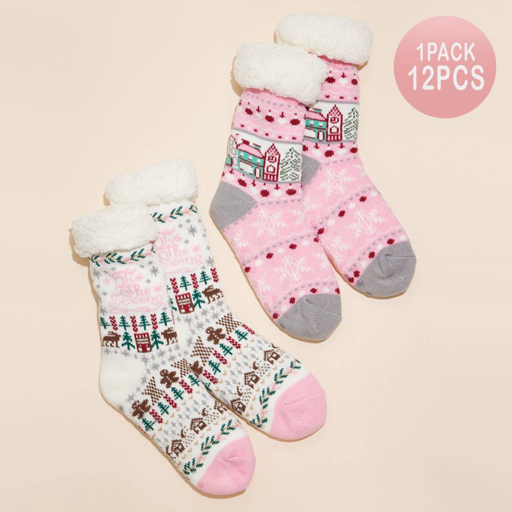 Fuzzy Sherpa Cuff Christmas Pattern Socks