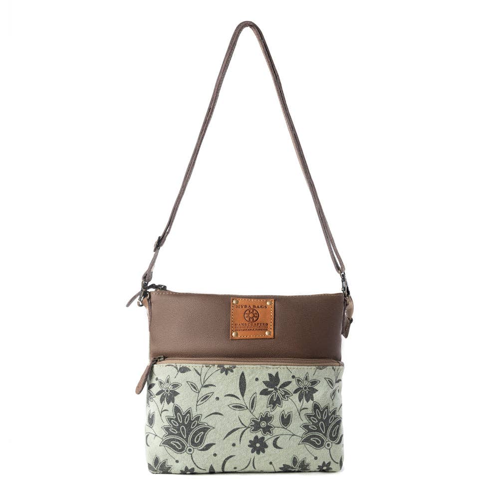 Wildprint Trail upcycled canvas crossbody Bag for Women in sage with floral detail