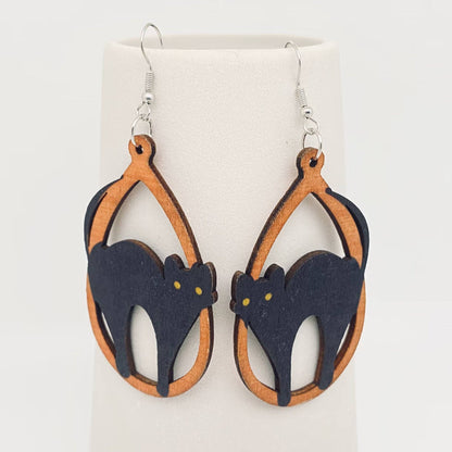 Halloween Black Cat Wooden Dangle Earrings