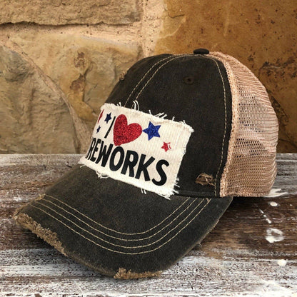 I love Fireworks Hat, 4th of July Ball Cap, Independence Day