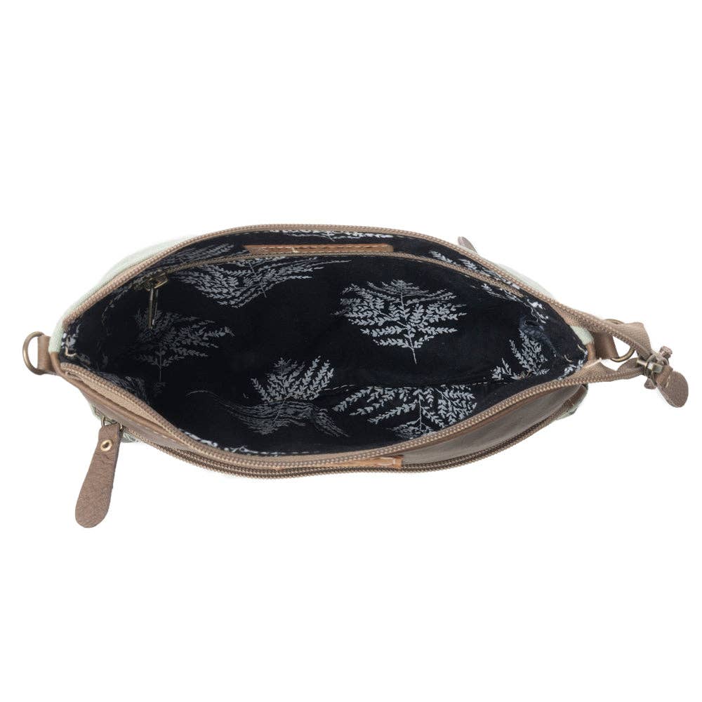 Wildprint Trail upcycled canvas crossbody Bag for Women in sage with floral detail