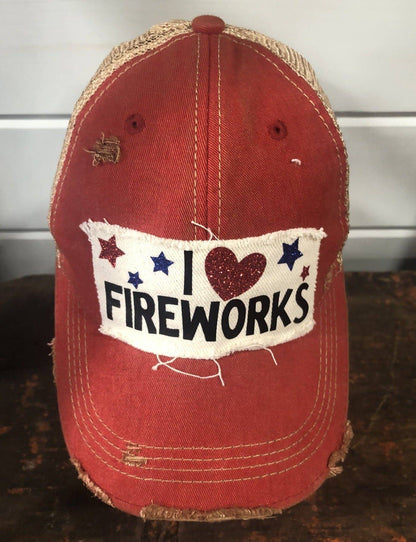 I love Fireworks Hat, 4th of July Ball Cap, Independence Day