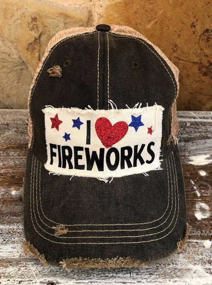 I love Fireworks Hat, 4th of July Ball Cap, Independence Day